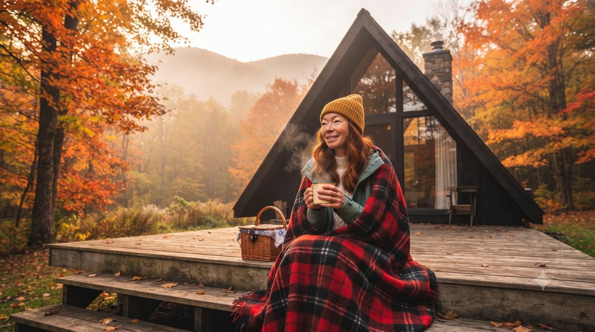 Lena Berg wrapped in a plaid blanket with a steaming mug on the deck steps of a black A-frame cabin, surrounded by orange autumn maples