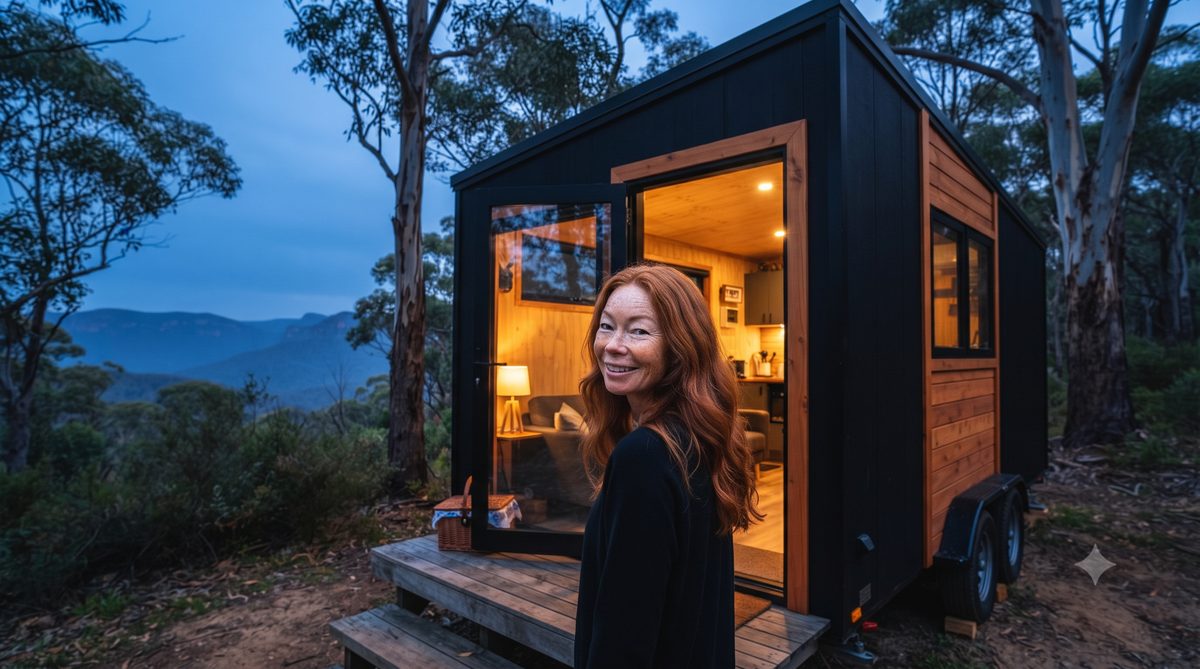 Lena Berg at dusk at the lit doorway of a jet-black tiny house on wheels among eucalyptus trees