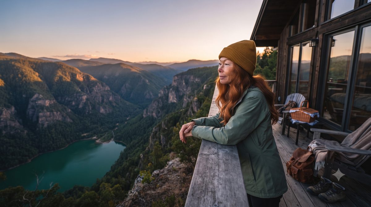 Lena Berg leaning on a cabin deck railing high above the Drina canyon with its emerald lake in golden evening light