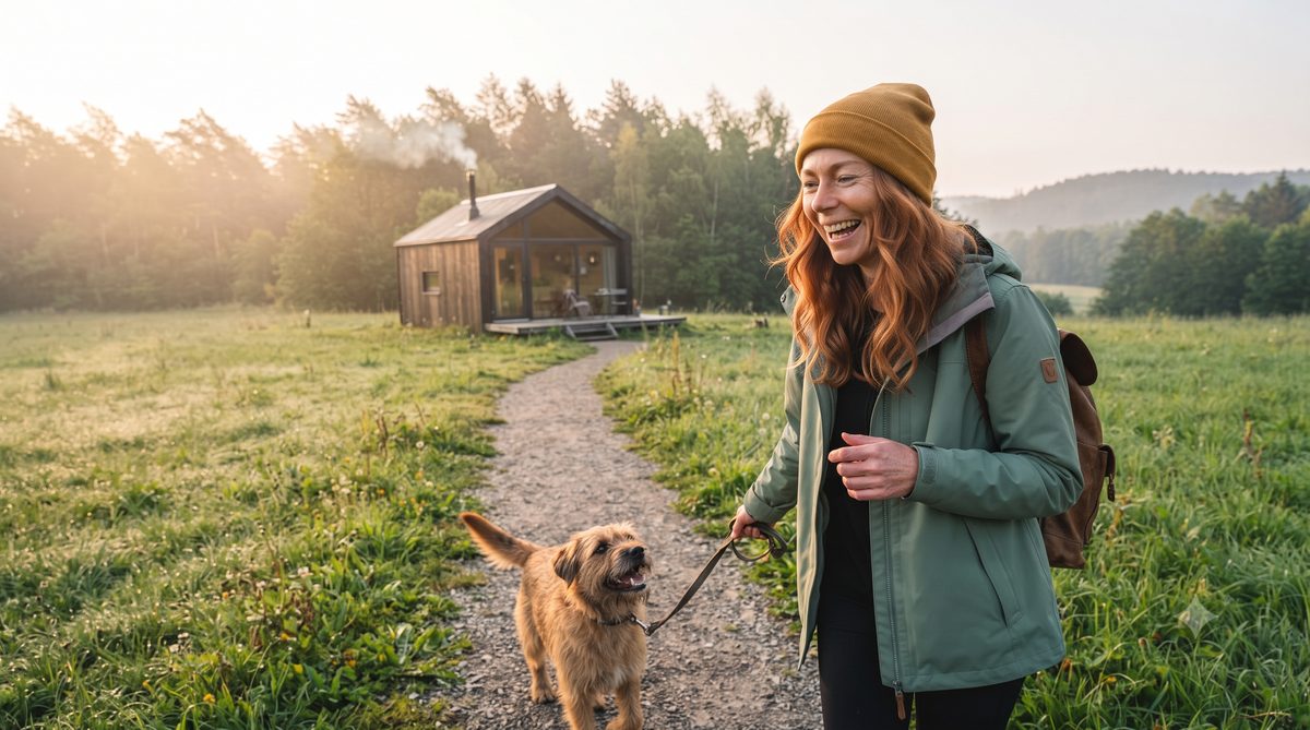 Lena Berg laughing down at a scruffy brown dog on a leash while walking a gravel path towards a wooden cabin
