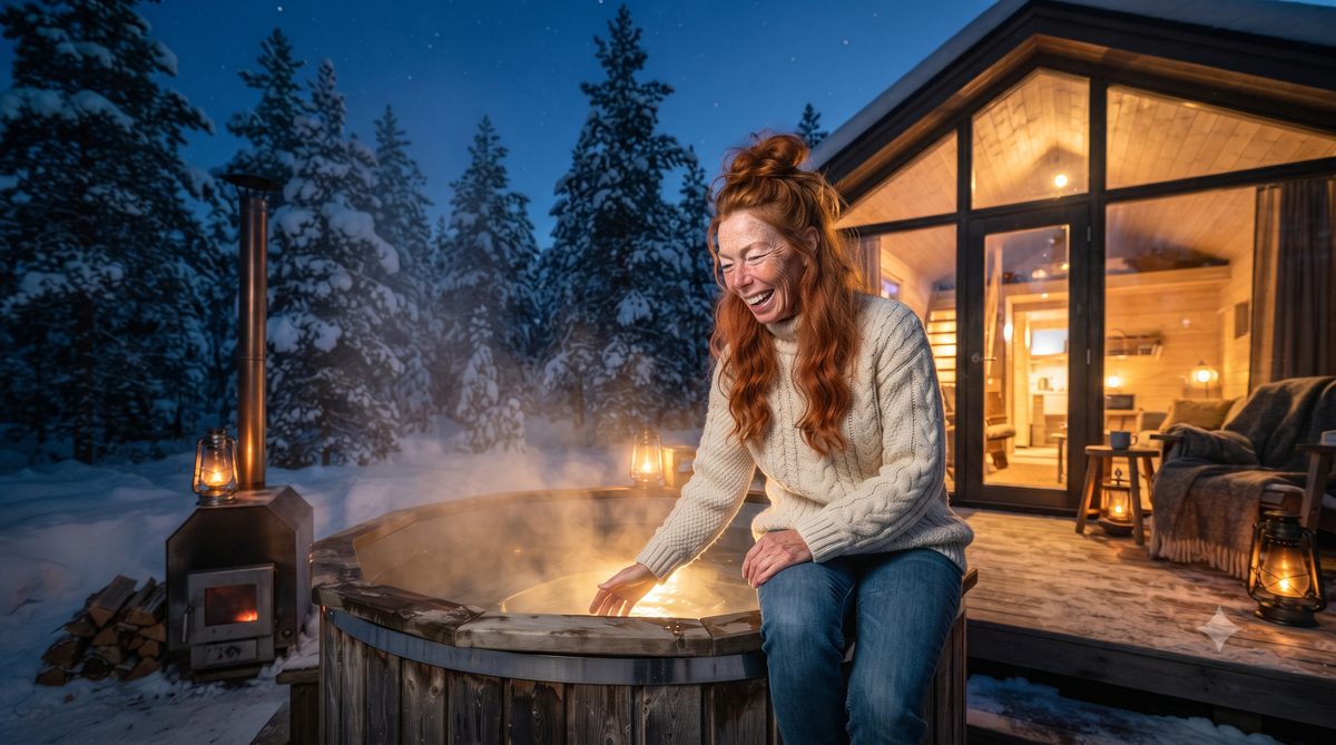 Lena Berg in a wool sweater sitting on the edge of a steaming wood-fired hot tub beside a lantern-lit cabin in a snowy spruce forest