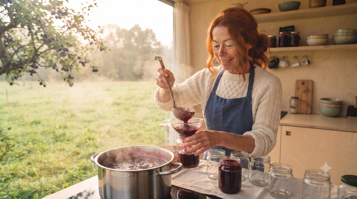 Lena Berg ladling hot plum jam into glass jars at the tiny house kitchen counter