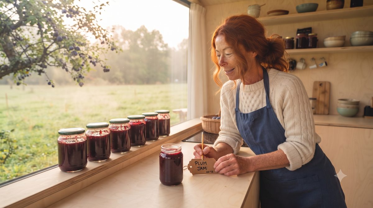 Lena Berg labelling a row of filled plum jam jars on the tiny house windowsill in golden evening light