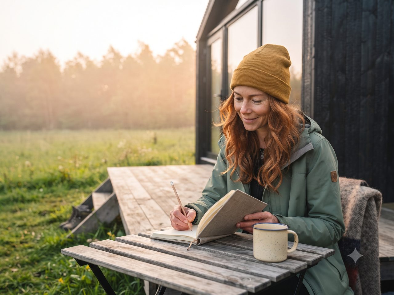 Lena Berg, virtual ambassador of the Tiny House Atlas, writing her journal on a tiny house porch