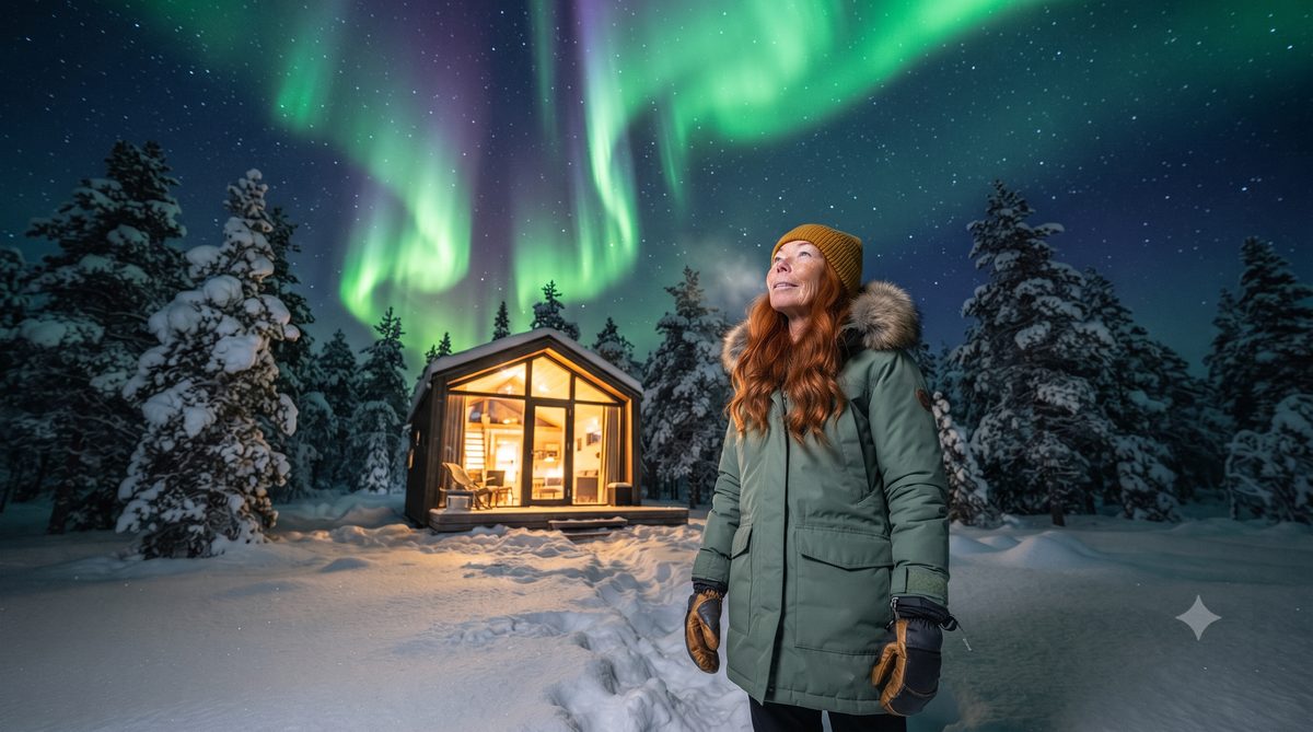 Lena Berg in a winter parka standing in deep snow in front of a glass-fronted cabin under green northern lights