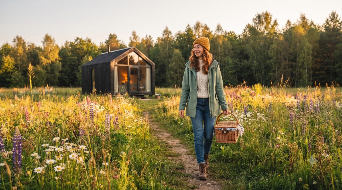 Lena Berg walking towards a black tiny house across a wildflower meadow, carrying a picnic basket