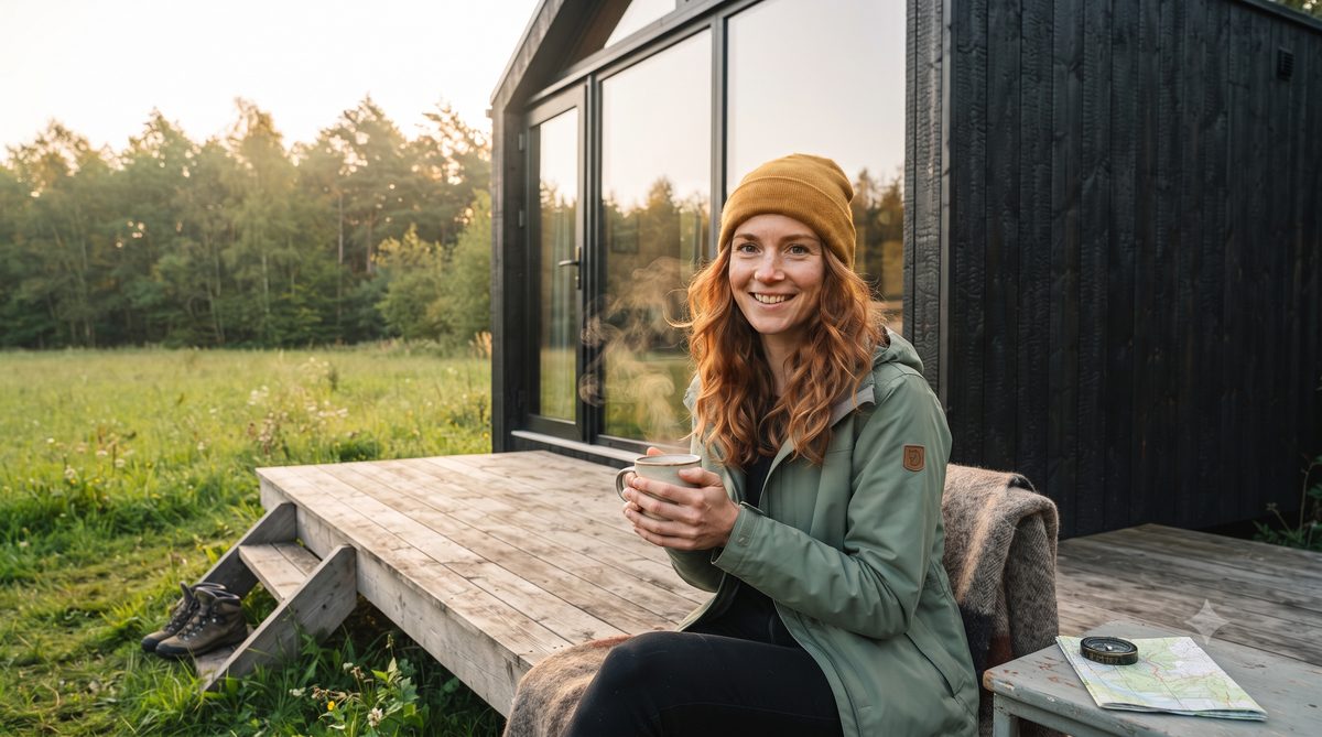 Lena Berg with a coffee mug on the terrace of a small black tiny house at the edge of a forest